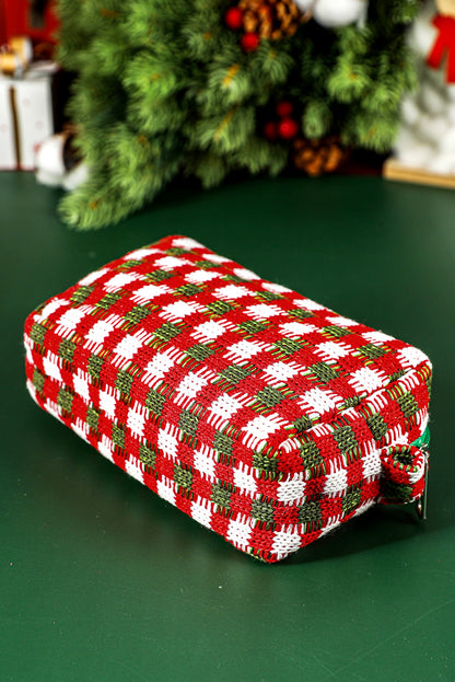 Racing Red Christmas Style Crochet Zipper Square Makeup Bag