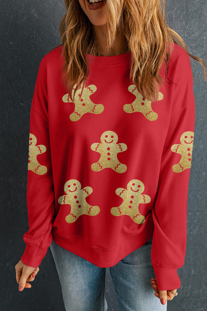 Red Cute Gingerbread Print Christmas Pullover Sweatshirt