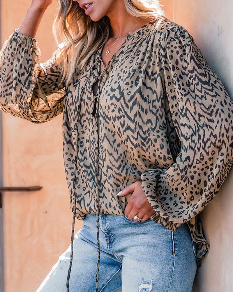 Leopard Print Long Sleeve Round Neck Tied Detail Tee Casual Top