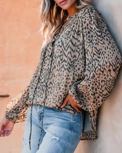 Leopard Print Long Sleeve Round Neck Tied Detail Tee Casual Top