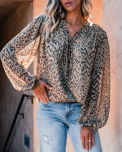 Leopard Print Long Sleeve Round Neck Tied Detail Tee Casual Top