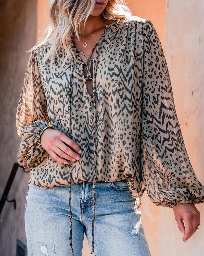 Leopard Print Long Sleeve Round Neck Tied Detail Tee Casual Top