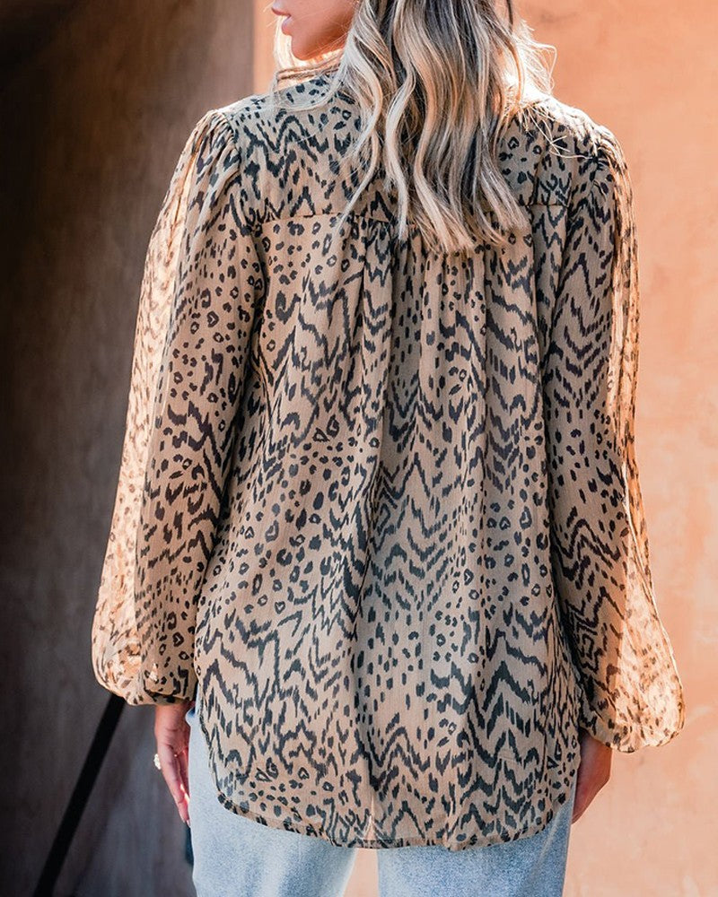 Leopard Print Long Sleeve Round Neck Tied Detail Tee Casual Top