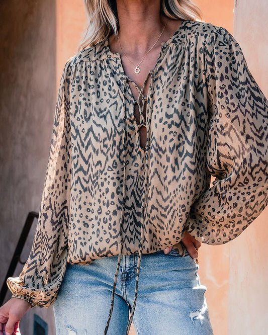 Leopard Print Long Sleeve Round Neck Tied Detail Tee Casual Top