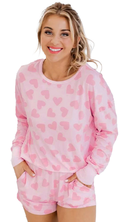 Pink Valentine Heart Shape Print Long Sleeve Top Shorts Lounge Set