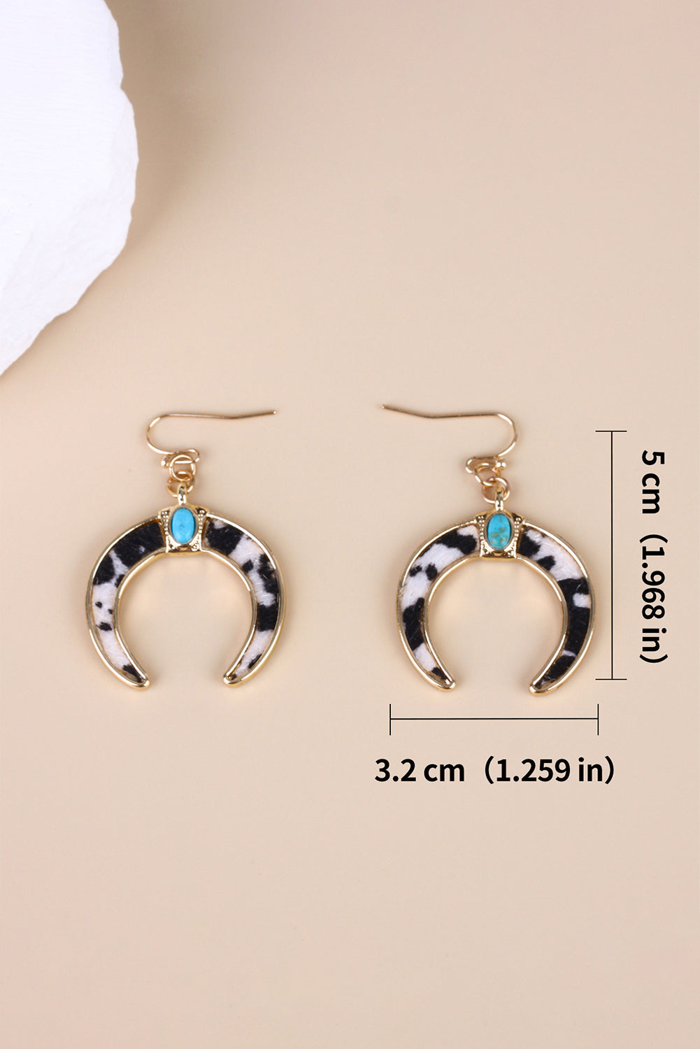 Black Cow Print Turquoise Inlay Crescent Shaped Dangle Earrings