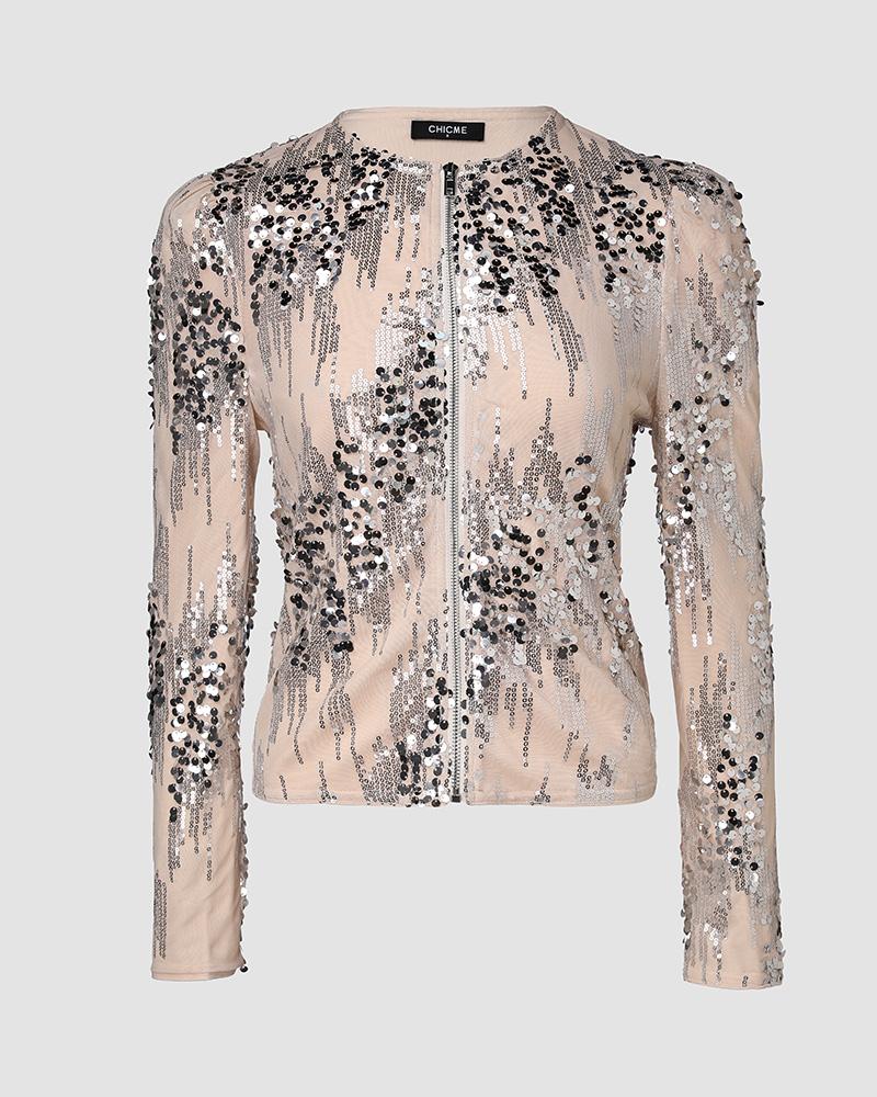 O neck Long Sleeve Zip up Sequin Coat