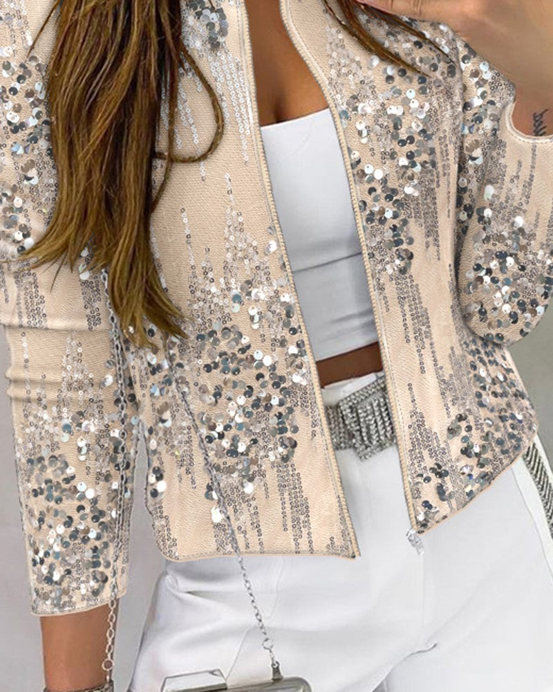 O neck Long Sleeve Zip up Sequin Coat