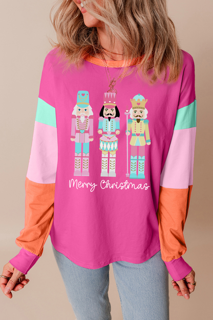 Rose Red Nutcracker Merry Christmas Graphic Colorblock Long Sleeve Tee