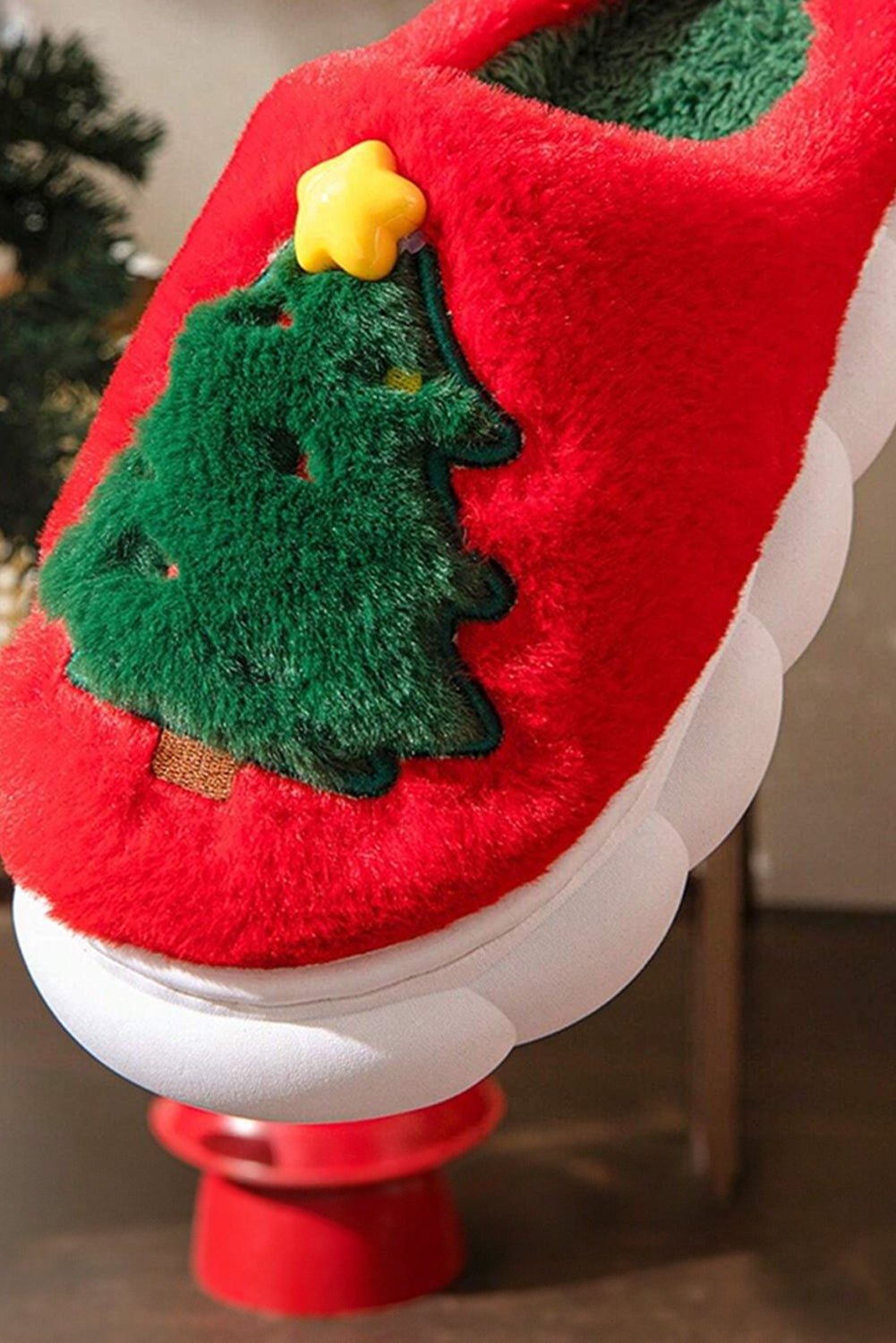 Fiery Red Christmas Tree Graphic Thick Sole Plush Slippers