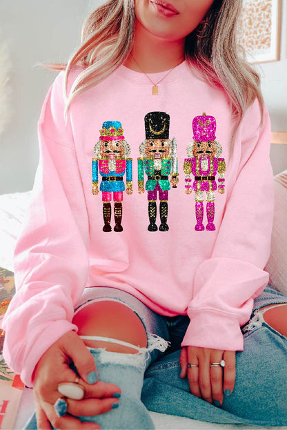 Pink Cute Nutcracker Printed Drop Shoulder Christmas Sweatshirt