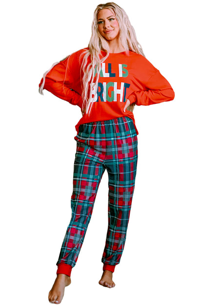 Multicolor ALL IS BRIGHT Graphic Christmas Plaid Pajamas Set