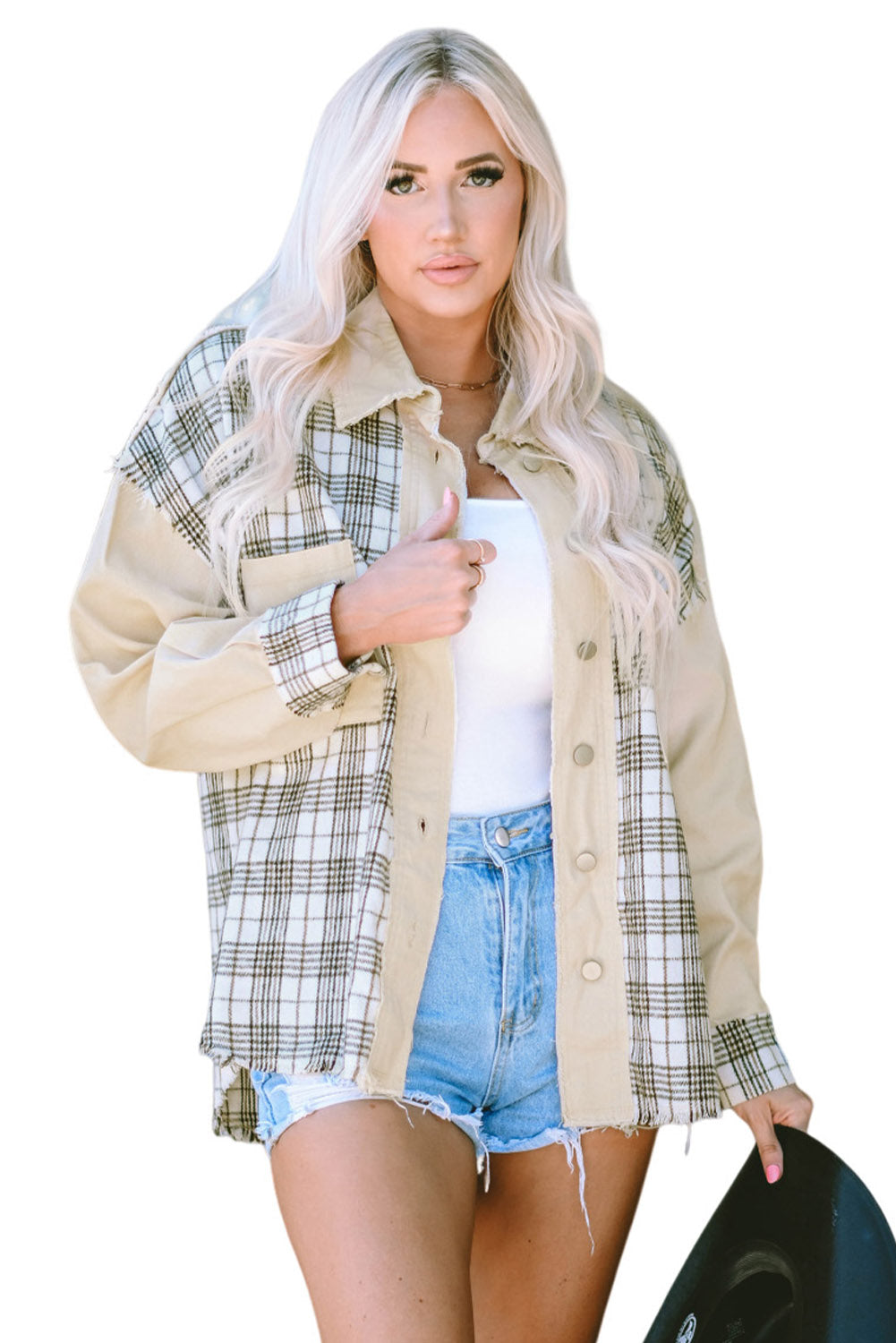 Khaki Distressed Raw Edge Plaid Patchwork Denim Jacket