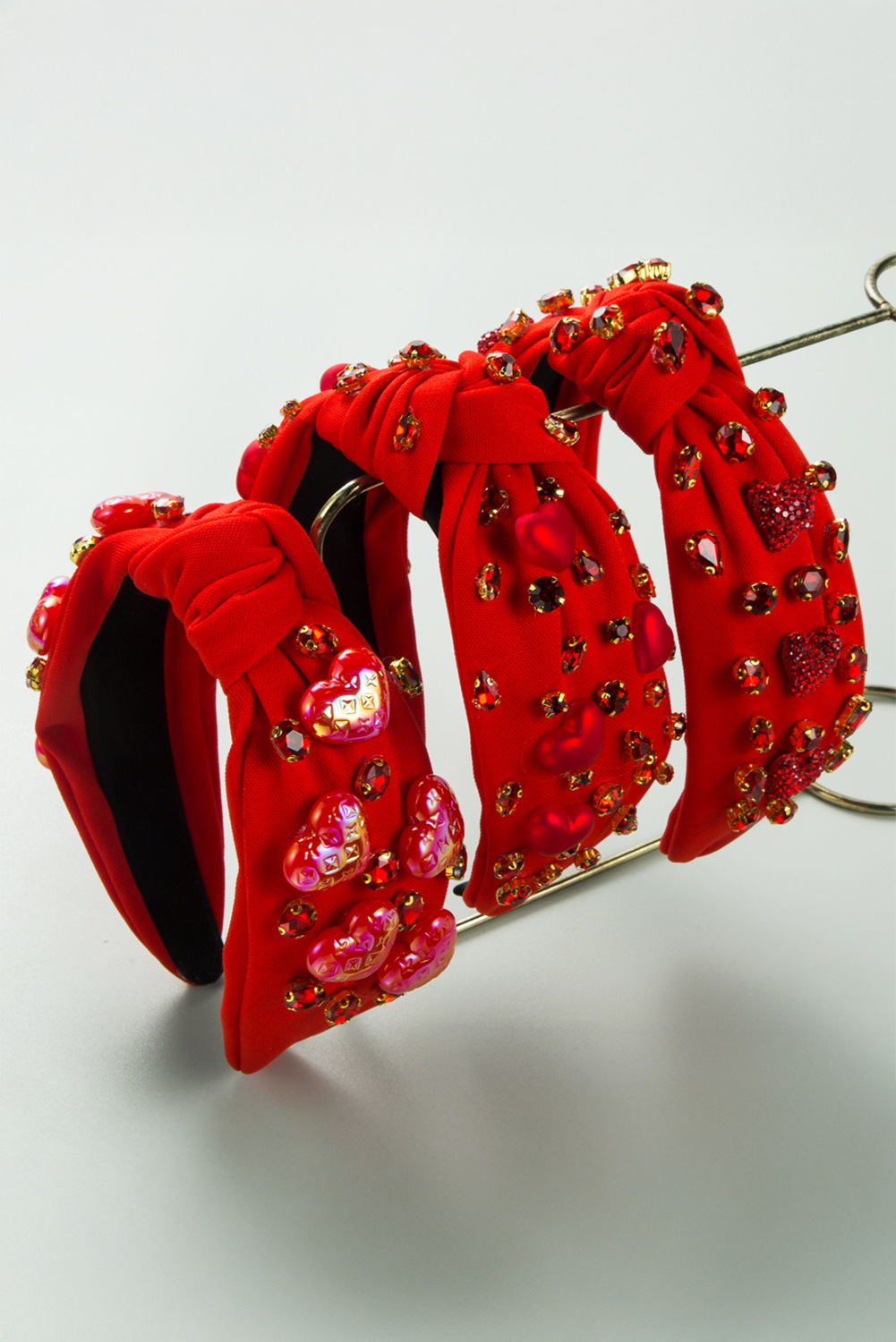 Fiery Red Rhinestone Heart Glass Drill Studded Knotted Wide Headband