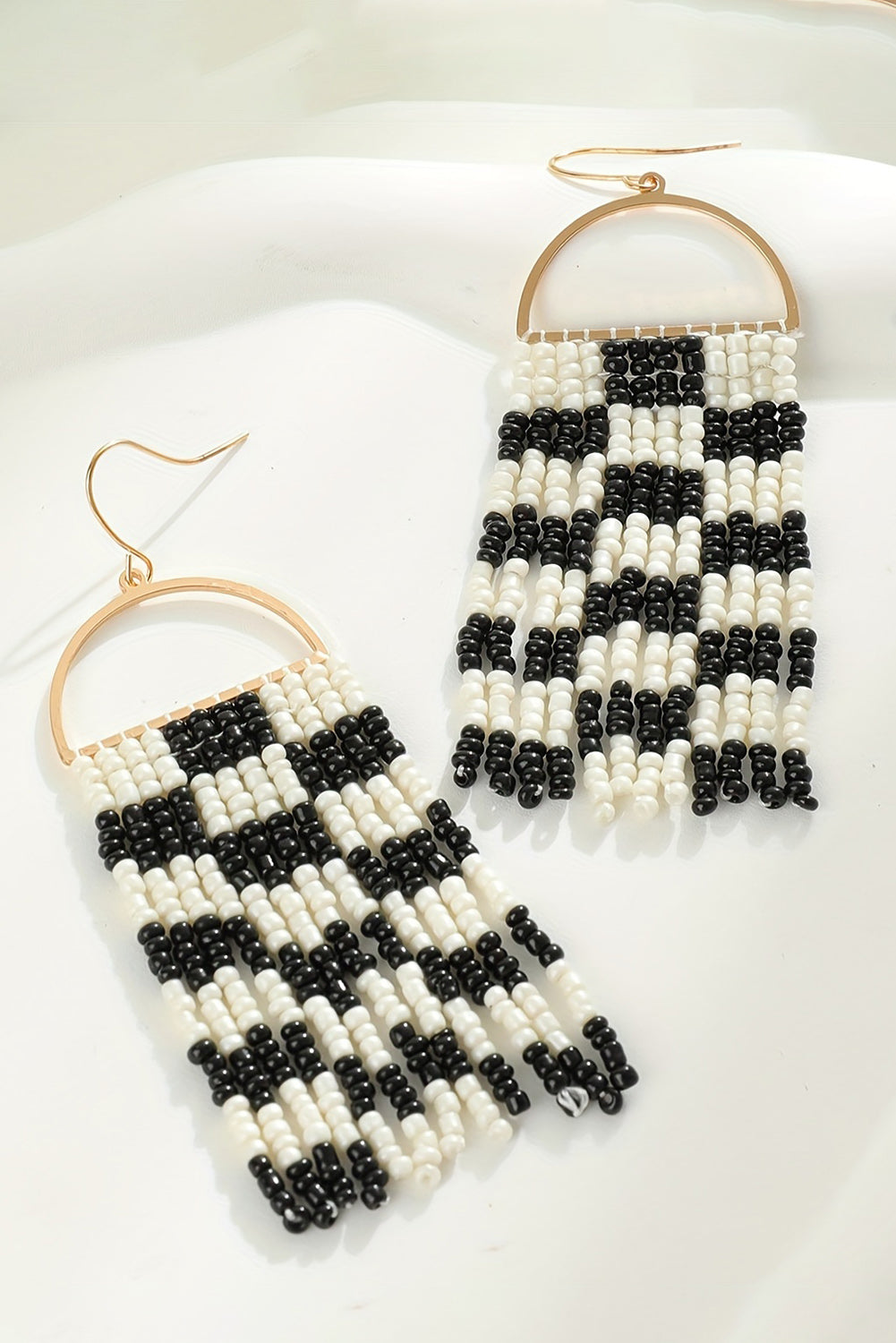 Black Beading Checkered Tassel Bohemisn Hook Earrings