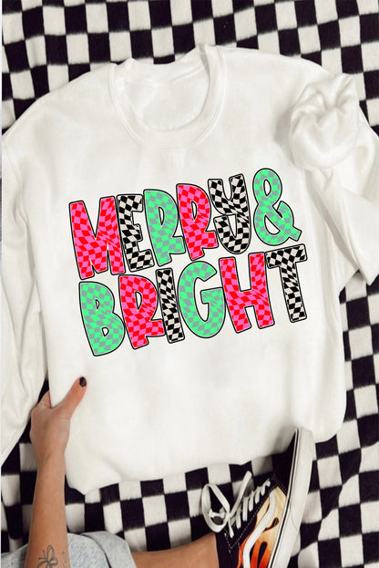 White MERRY & BRIGHT Checkered Print Crew Neck Sweatshirt