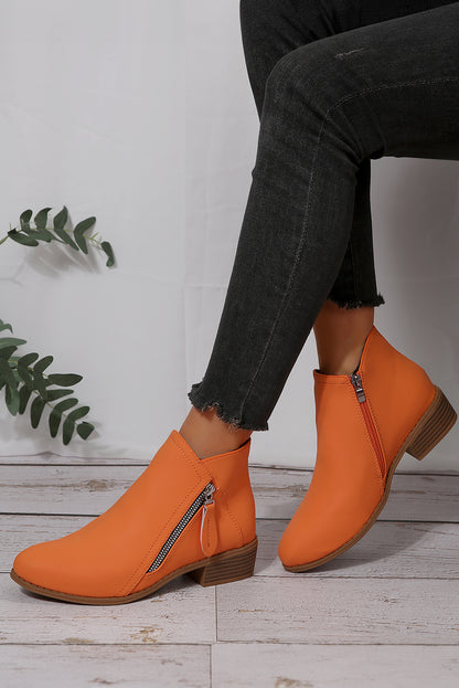 Orange Faux Leather Double Zip Low Heel Ankle Boots