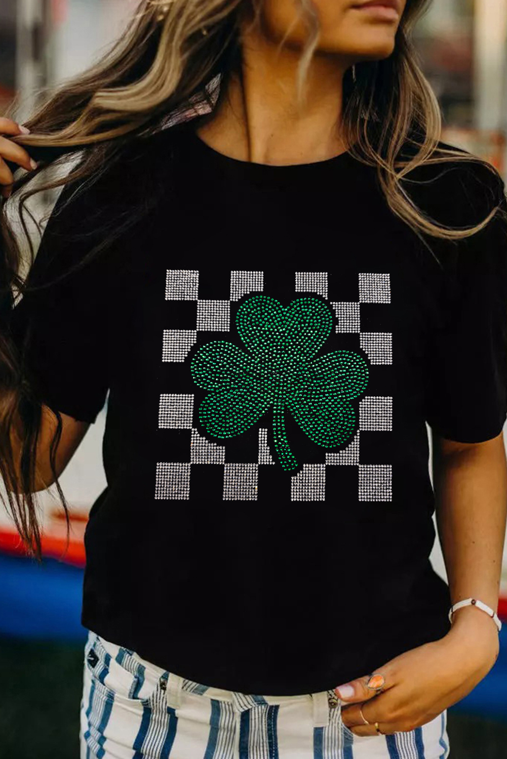 Black Clover Checkered Rhinestone Crew Neck T Shirt