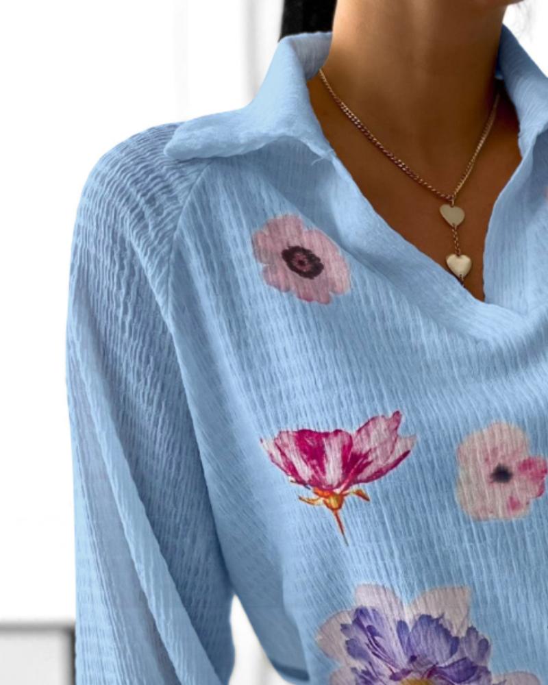 Floral Print Polo Collar Long Sleeve Blouse Casual Pullover Shirt Top