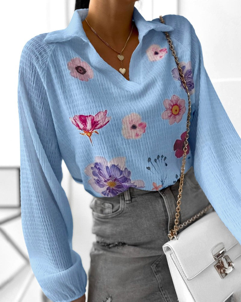 Floral Print Polo Collar Long Sleeve Blouse Casual Pullover Shirt Top