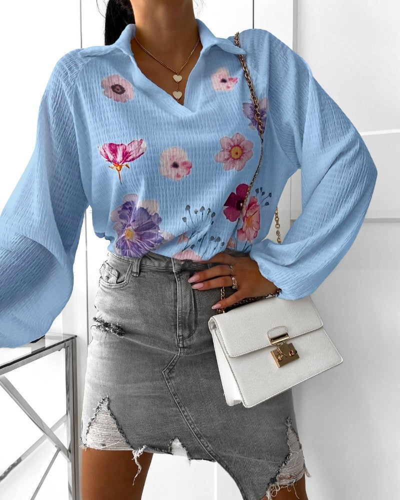 Floral Print Polo Collar Long Sleeve Blouse Casual Pullover Shirt Top