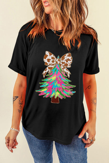 Black Heat Transfer Printing Christmas Tree Bowknot T-Shirt