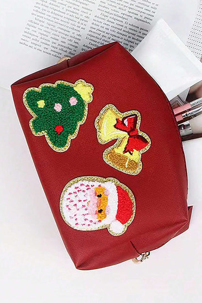 Fiery Red Christmas Pattern Chenille Patched PU Zipper Makeup Bag