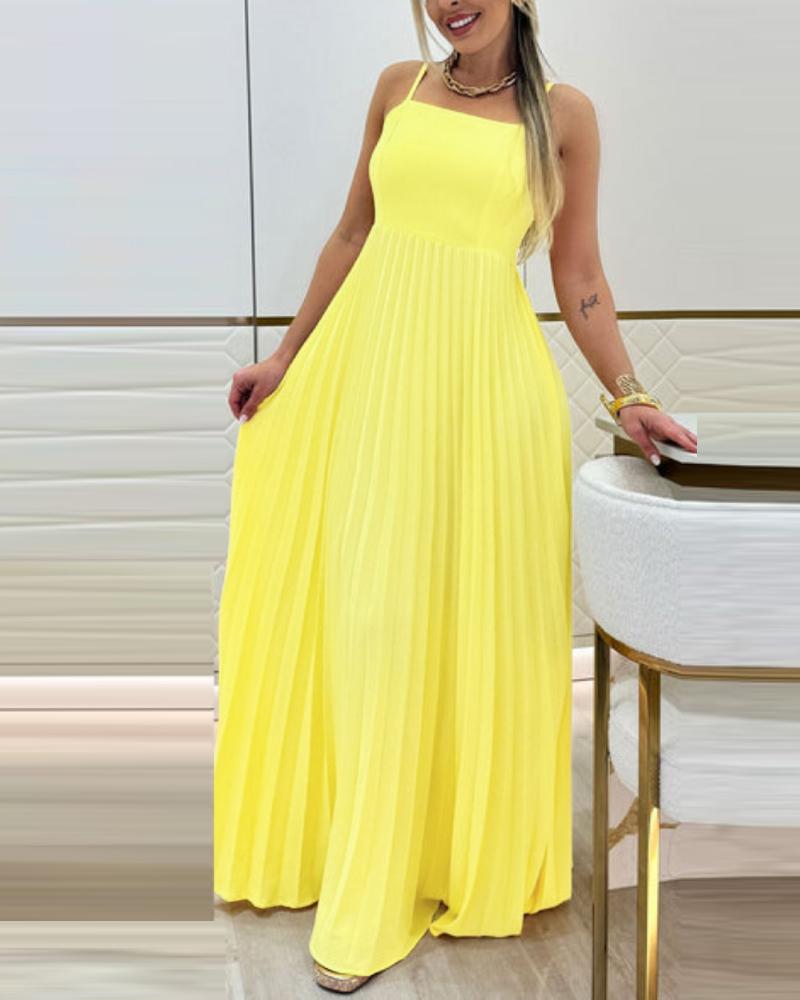 Square Neck Spaghetti Strap Pleated Maxi Dress Back Tied Detail Casual Flowy Long Dress