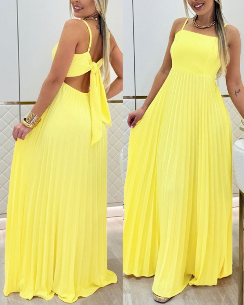 Square Neck Spaghetti Strap Pleated Maxi Dress Back Tied Detail Casual Flowy Long Dress