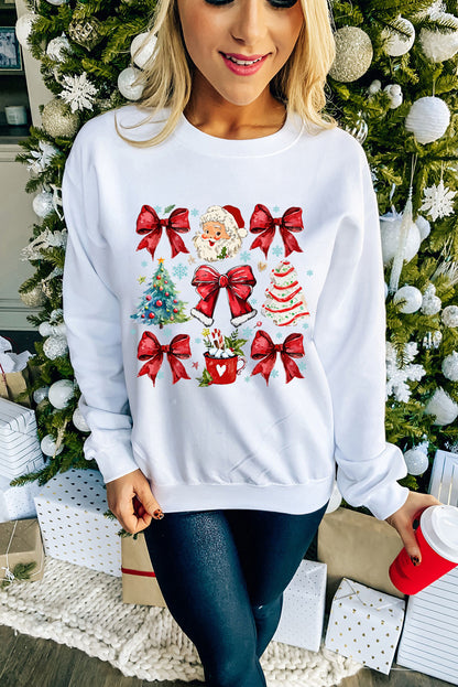 Beige Christmas Tree Bowknot Santa Clause Graphic Holiday Sweatshirt