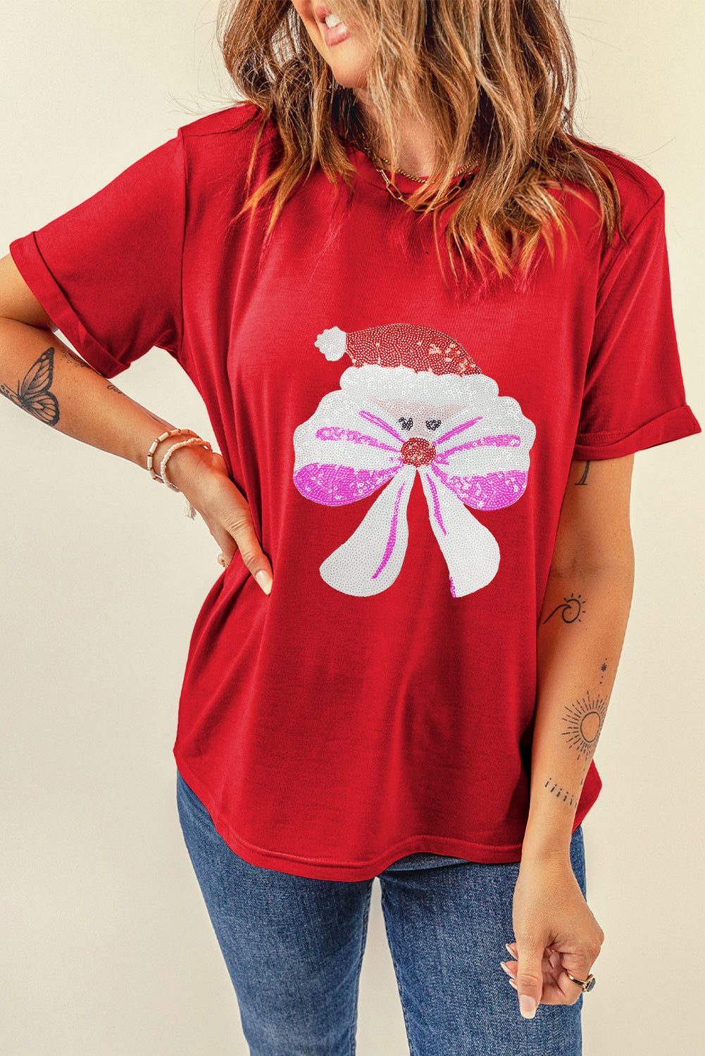 Red Bowknot Beard Fun Christmas Graphic T Shirt