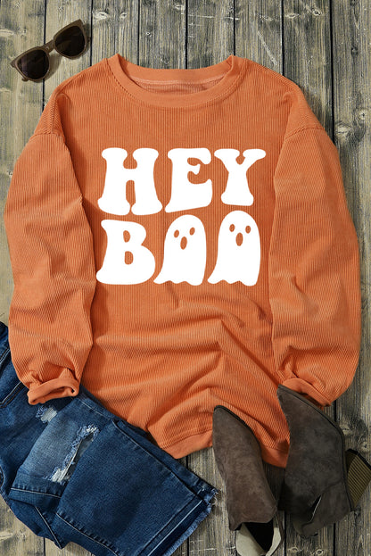 Orange Halloween Hey Boo Ghost Print Loose Sweatshirt