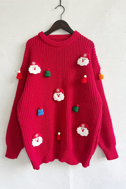 Racing Red Christmas Pattern Patched Rib Knit Knitted Sweater