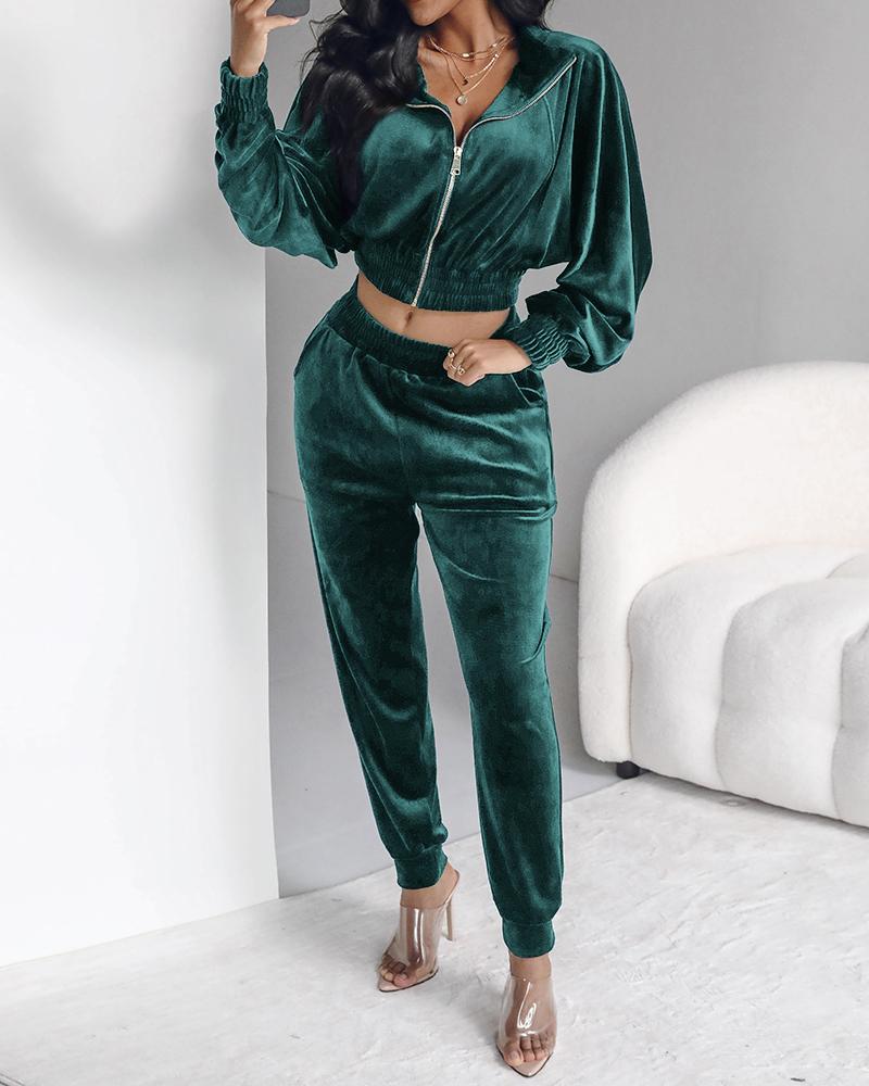 Stand Collar Zipper Design Velvet Coat &Cuffed Pants Tracksuit Set