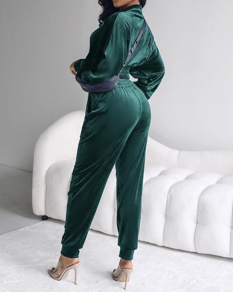 Stand Collar Zipper Design Velvet Coat &Cuffed Pants Tracksuit Set