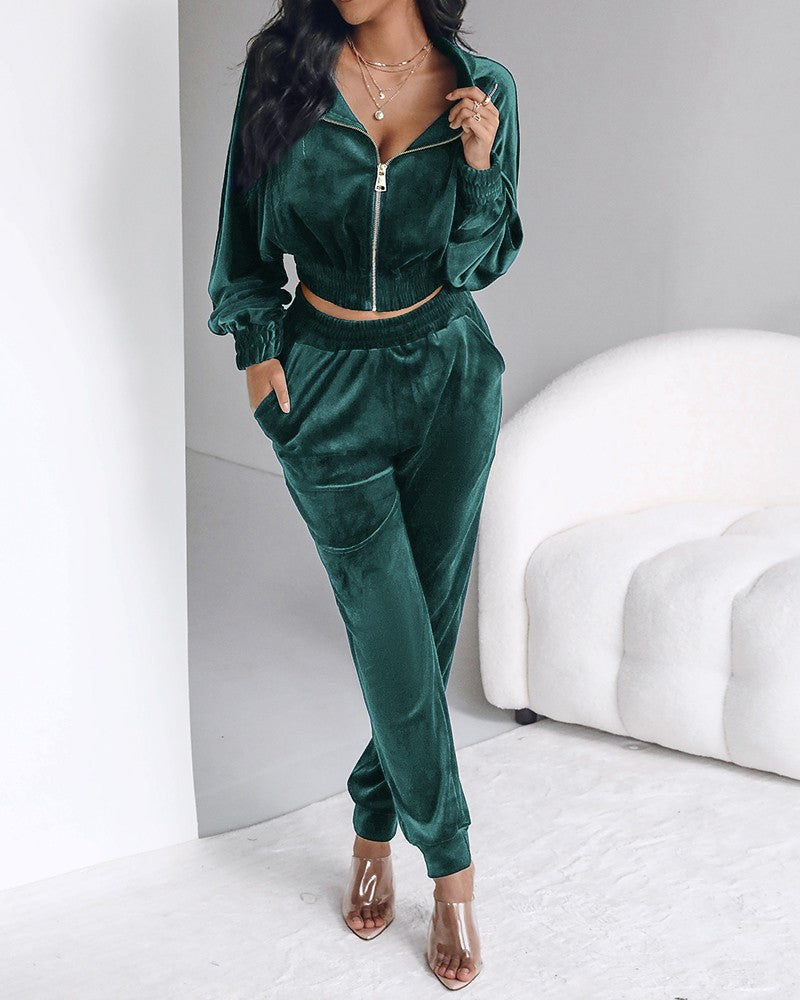 Stand Collar Zipper Design Velvet Coat &Cuffed Pants Tracksuit Set