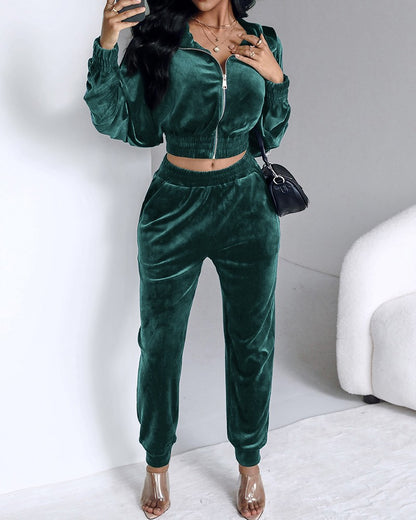 Stand Collar Zipper Design Velvet Coat &Cuffed Pants Tracksuit Set