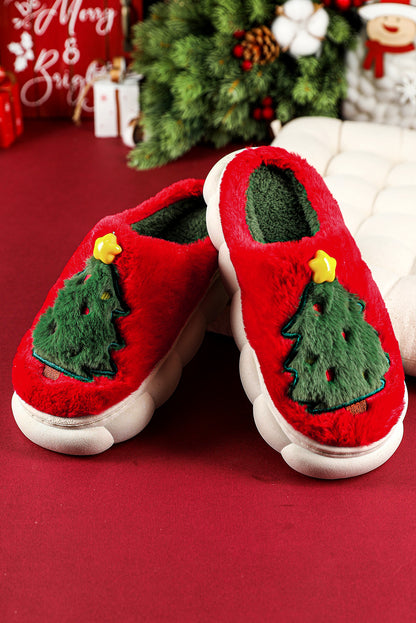 Fiery Red Christmas Tree Graphic Thick Sole Plush Slippers