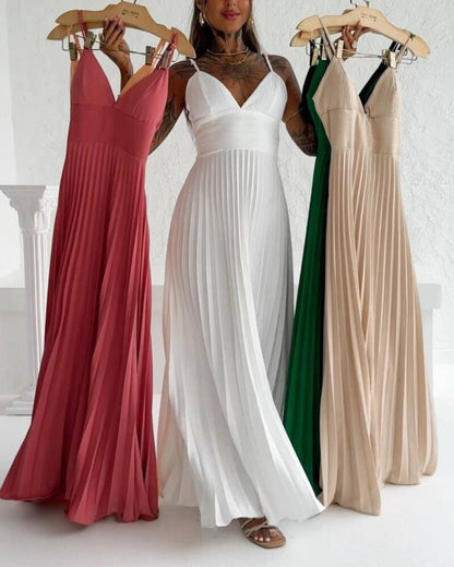 Bandeau Sleeveless Pleated Dress Elegant Flowy A Line Maxi Dress