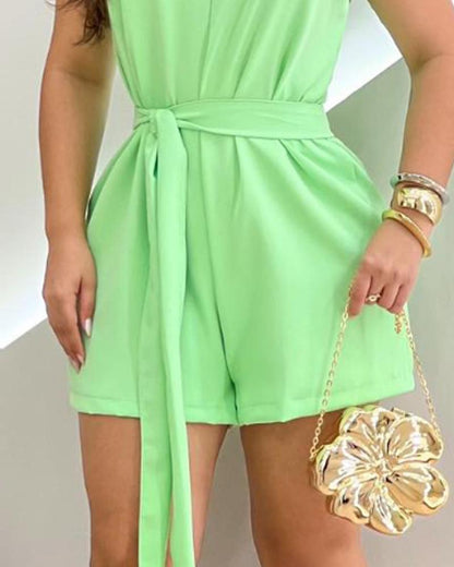 Round Neck Sleeveless Tied Detail Romper Casual Back Zipper Overall