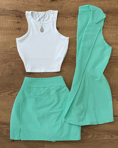 3 Pieces Outfits Suits Round Neck Tank and Sleeveless Vest and Mini Skirts Set