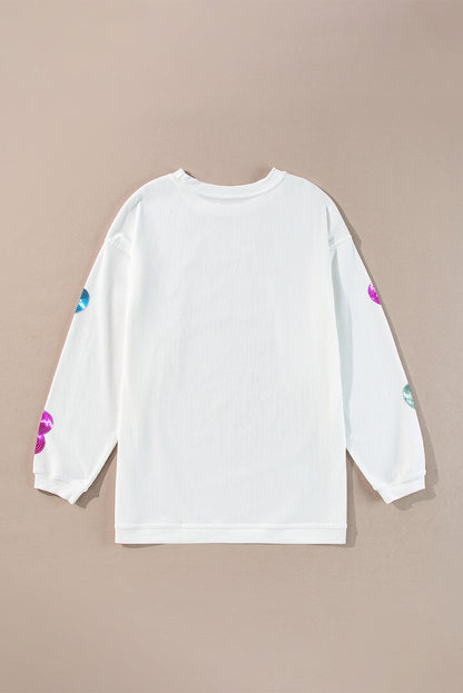 White Valentines Slogan Heart Sequin Corded Baggy Sweatshirt