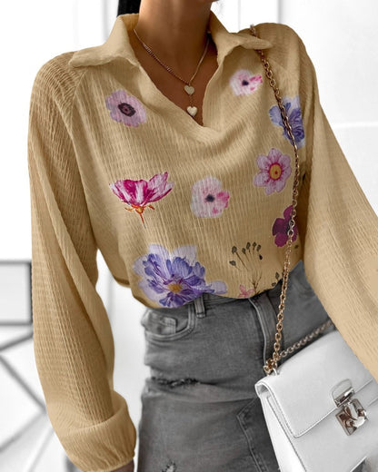 Floral Print Polo Collar Long Sleeve Blouse Casual Pullover Shirt Top