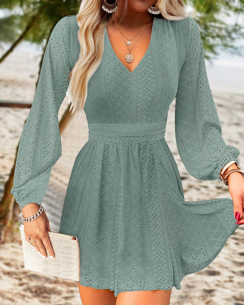 V Neck Hollow out Ruched Knit A Line Dress Lantern Sleeve Casual Dress