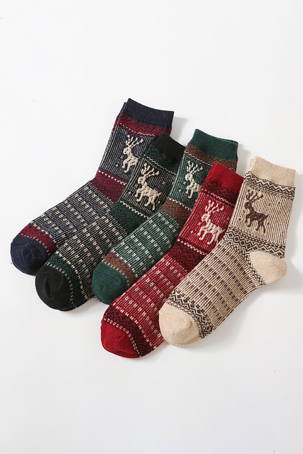 Blackish Green 5 Pairs/Set Christmas Reindeer Soft Crew Socks