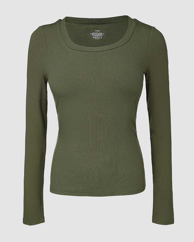 U Neck Built in Bra Long Sleeve Ribbed Top