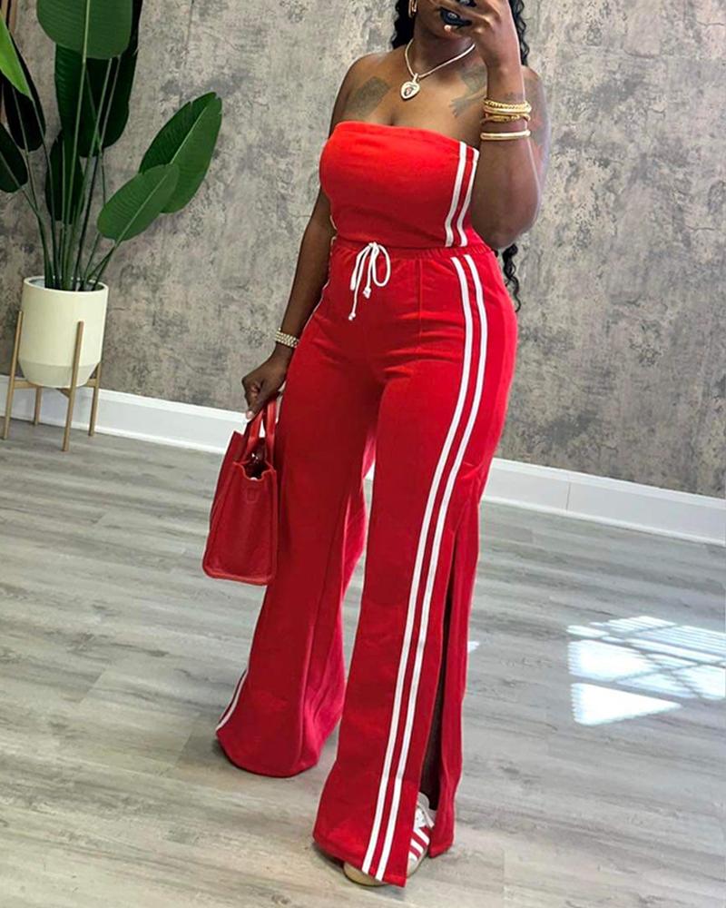 Stripe Print Bandeau Sleeveless Drawstring Slit Wide Leg Jumpsuit Casual Overalls