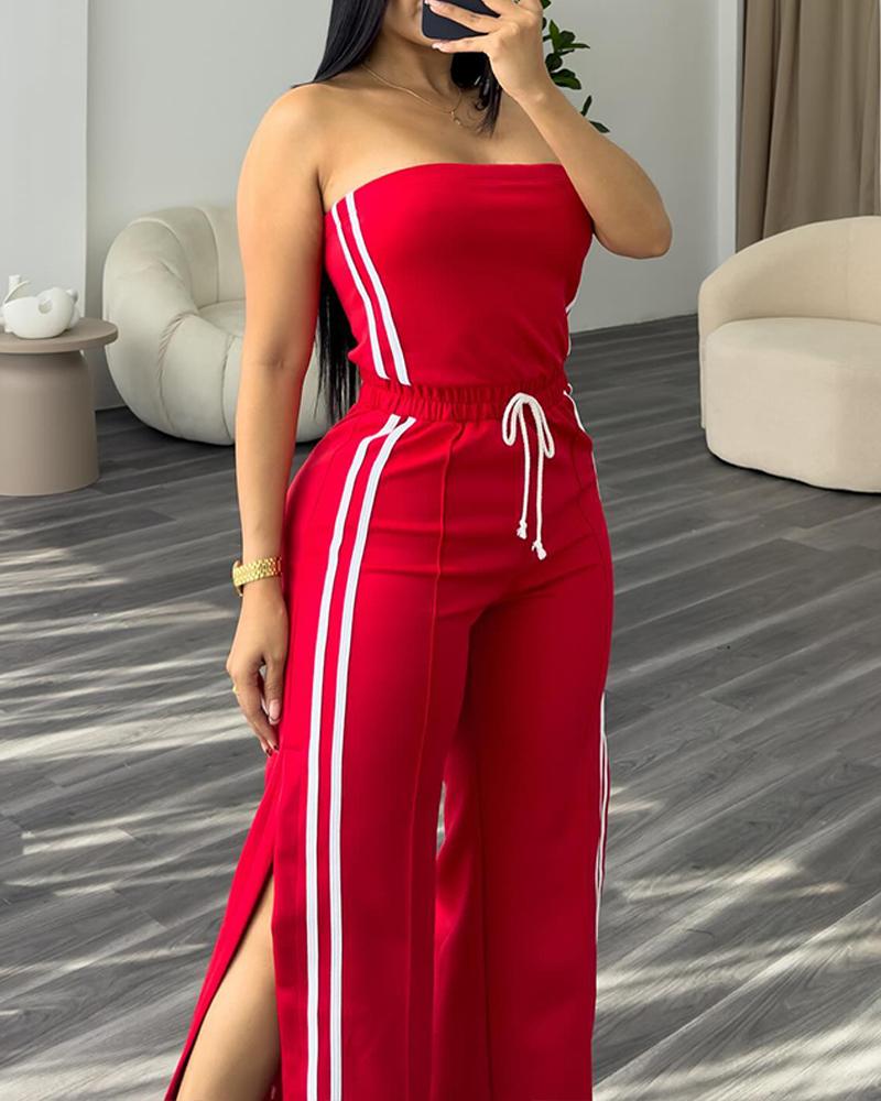 Stripe Print Bandeau Sleeveless Drawstring Slit Wide Leg Jumpsuit Casual Overalls