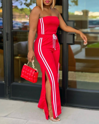 Stripe Print Bandeau Sleeveless Drawstring Slit Wide Leg Jumpsuit Casual Overalls