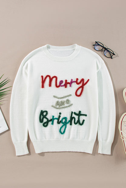 White Tinsel Merry and Bright Graphic Christmas Sweater